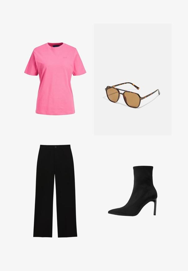 Fekete zakó, igényes szabással, sarkított hajtókákkal, két elülső zsebbel és nyitott elejével. Simaszerű anyagból készült, jól formált fazonnal.; Rózsaszín pamut póló rövid ujjakkal, kerek nyakkivágással és diszkrét logó részlettel az elején. Sima textúra és laza fazon.; Fekete, magasan ülepelt, bő szárú nadrág sima anyagból, lapos elejű, gombos záródással, látható zsebek nélkül.; Fekete bokacsizma sima velúrból, hegyes orral és magas stiletto sarkúval. Elegáns, minimalista dizájn díszítések nélkül.; Barna árnyalatú napszemüveg teknős páncél mintázatú kerettel, téglalap alakú lencsékkel és karcsú karokkal, amelyek narancssárga díszítéssel rendelkeznek.