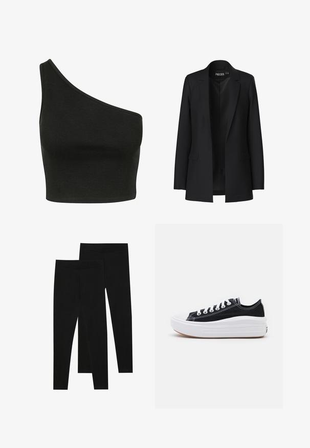 Melnā žakete ar pielāgotu dizainu, ar iegrieztām atlokām, divām priekšējām kabatām un atvērtu priekšpusi. Izgatavota no gludas auduma ar strukturētu formu.; Melnā ribota īsā topa blūze ar asimetrisku vienas pleca dizainu. Audums izskatās mīksts ar gludu tekstūru un pieguļošu siluetu.; Melni legingi, izgatavoti no stiept materiāla, ar bezšuvju jostu un slaidu piegriezumu, piemēroti ikdienas valkāšanai vai vingrošanai.; Melni kanvas sporta apavi ar baltām šņorēm, baltu gumijas purngalu un masīvu baltu zoli. Iezīmējas ar smalku baltu šuvumu un gumiju zoli.