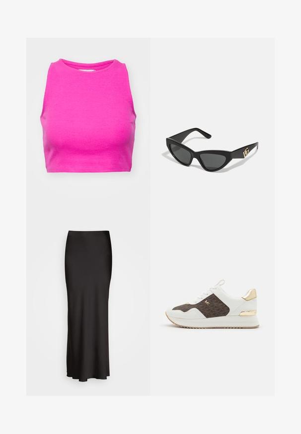 Čierny blazer s prispôsobeným strihom, so špicatými klopami, dvoma prednými vreckami a otvoreným predkom. Vyrobený z hladkej tkaniny so štruktúrovaným tvarom.; Ružový rebrovaný crop top s vysokým golierom a bezrukávovým dizajnom. Tkanina má hladkú textúru a priliehavý strih.; Čierna saténová sukňa až po zem s hladkou textúrou, priliehavým pásom a siluetou do A, bez viditeľných ozdôb alebo vzorov.; Biele tenisky s hnedým vzorovaným textilným panelom, zlaté kovové detaily, okrúhla špička, šnurovací dizajn a textúrovaná gumová podrážka.; Slnečné okuliare v tvare mačacích očí s matným čiernym plastovým rámom, tmavými sklami a zlatým logom na bočnej strane. Ostrý dizajn a hladká textúra.; Hnedá kožená crossbody taška s logom, zlatým reťazcom, zipsovým uzáverom a zlatými prvkami. Kompaktnej a obdĺžnikovej forme.