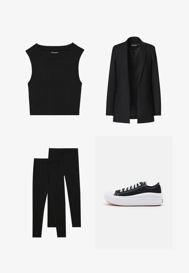 Black blazer with a tailored design, notched lapels, two front pockets, and an open front. Made of smooth fabric with a structured shape.; Black sleeveless crop top with a ribbed texture. Features a round neckline and wide shoulder seams. Made from a stretchy fabric.; Black leggings made of stretchy fabric, featuring a seamless waistband and a slim fit design, suitable for casual wear or exercise.; Black canvas sneakers with white laces, white rubber toe cap, and a chunky white midsole. Features subtle white stitching and a gum sole.