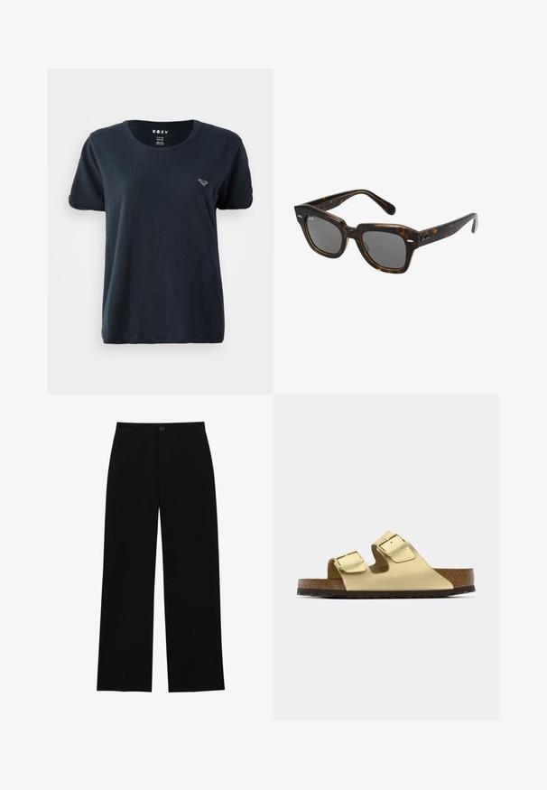 Blazer nero con un design su misura, colletto a revers, due tasche frontali e apertura frontale. Realizzato in tessuto liscio con una forma strutturata.; T-shirt a maniche corte di colore blu navy realizzato in tessuto morbido, con scollatura rotonda e un piccolo logo sul lato sinistro del petto. Design semplice e casual.; Pantaloni neri a vita alta, a gamba larga, realizzati in un tessuto morbido, con davanti piatto, chiusura con bottone e senza tasche visibili.; Sandalo metallic oro a due lacci con fibbie regolabili, plantare in sughero e suola in gomma testurizzata. Presenta un design con punta e tallone aperti.; Occhiali da sole rettangolari con montatura in plastica tartarugata, lenti scure e dettagli argentati sui lati. Made in Italy.; Borsa a tracolla in pelle marrone con motivo logo, tracolla in catena dorata, chiusura con zip e dettagli in metallo dorato. Forma compatta e rettangolare.