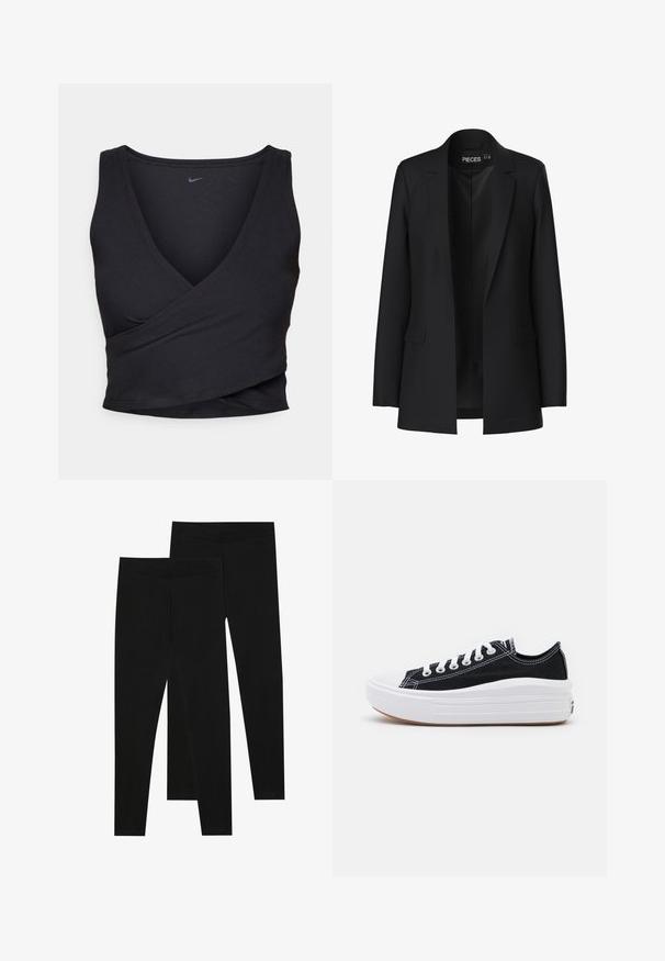 Blazer nero con un design su misura, colletto a revers, due tasche frontali e apertura frontale. Realizzato in tessuto liscio con una forma strutturata.; Top a canottiera nera con scollatura a V, realizzato in tessuto a coste. Presenta una forma aderente e un piccolo logo in alto a sinistra.; Leggings neri realizzati in tessuto elastico, con una vita senza cuciture e un design slim fit, adatti per l'abbigliamento casual o per l'esercizio.; Sneaker nere in tela con lacci bianchi, punta in gomma bianca e una suola intermedia bianca e spessa. Presentano cuciture bianche sottili e una suola in gomma.