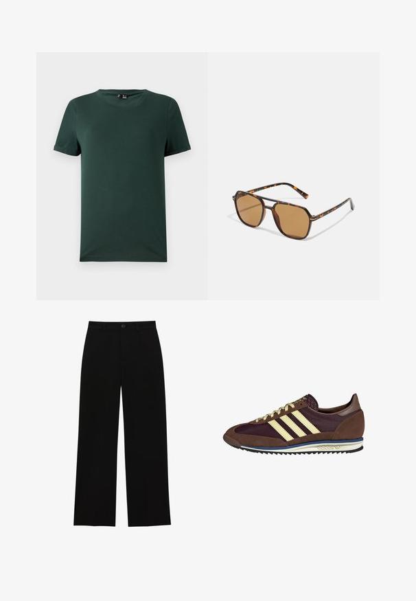 Musta bleiseri, jossa on räätälöity muotoilu, leikatut kaulukset, kaksi etutaskua ja avoin etuosa. Valmistettu sileästä kankaasta, jossa on jämäkkä muoto.; T-paita tummanvihreä, lyhythihainen, pyöreä kaulus, valmistettu pehmeästä ja sileästä kankaasta. Ominaisuuksina käärityt hihansuut ja rento istuvuus.; Mustat, korkeavyötäröiset, leveälahkeiset housut, jotka on valmistettu sileästä kankaasta. Housuissa on litteä etuosa, nappisuljenta ja ei näkyviä taskuja.; Ruskea ja burgundin värinen lenkkari, jossa on yksityiskohtina mokkaa ja verkkomateriaalia, kolmea kermaista raitaa, tekstuuripinta kielekkeessä ja kumipohja.; Ruskean sävyiset aurinkolasit, joissa on kilpikonnakuorimallinen kehys, suorakulmaiset linssit ja hoikat varret, joissa on oranssi korostuskuvio.