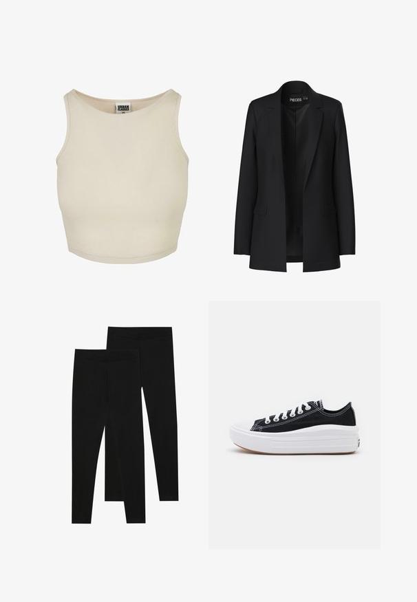 Czarna marynarka o dopasowanym kroju, z klapami, dwiema przednimi kieszeniami i otwartym przodem. Wykonana z gładkiego materiału o wyraźnie zarysowanym kształcie.; Beżowy prążkowany top crop z okrągłym dekoltem i bezrękawowym wzorem. Posiada gładką fakturę oraz dyskretną metkę marki wewnątrz dekoltu.; Czarne legginsy wykonane z elastycznego materiału, z bezszwowym pasem i dopasowanym krojem, odpowiednie do noszenia na co dzień lub do ćwiczeń.; Czarne płócienne tenisówki z białymi sznurowadłami, białą gumową czapeczką na palcach i masywną białą podeszwą. Mają subtelne białe przeszycia i gumową podeszwę.