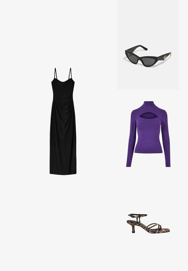 Musta bleiseri, jossa on räätälöity muotoilu, leikatut kaulukset, kaksi etutaskua ja avoin etuosa. Valmistettu sileästä kankaasta, jossa on jämäkkä muoto.; Violetti pitkähihainen paita, jossa on korkea kaulus ja leikkauskaulus alla. Valmistettu pehmeästä, joustavasta materiaalista, jolla on sileä pinta.; Mustat midi-mekko, jossa on ohuet säädettävät olkaimet. Mekossa on liehuva muotoilu ja sileä pinta. Ei näkyviä kuvioita tai koristeluja.; Naiskahva leopardikuosiset korkokengät, joissa on neliönmuotoinen kärki, useita remmejä ja keskipitkä korko. Valmistettu pehmeästä tekstiilimateriaalista.; Aurinkolasit kissansilmällä, joissa on matta musta muovikehys, tummat linssit ja kultainen logokiinnitys temppeleissä. Kulmikas muotoilu ja sileä pinta.; Ruskea nahkainen olkalaukku, jossa on logokuvio, kultaketjuolkaint, vetoketjukiinnitys ja kultaiset metalliosat. Kompakti ja suorakulmainen muoto.
