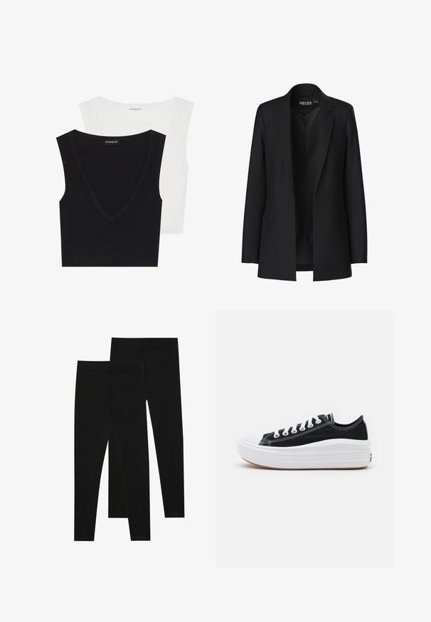 Blazer preto com um design ajustado, lapelas recortadas, dois bolsos frontais e frente aberta. Feito de um tecido suave com uma forma estruturada.; Dois tops sem mangas em malha, um preto e outro branco. Ambos têm decotes em V e são feitos de um tecido suave. A etiqueta é visível no top preto.; Leggings pretos feitos de um tecido elástico, com uma cintura sem costuras e um design justo, adequados para uso casual ou exercício.; Ténis de lona pretos com atacadores brancos, biqueira de borracha branca e uma sola intermédia branca robusta. Apresenta costuras brancas subtis e uma sola de borracha.
