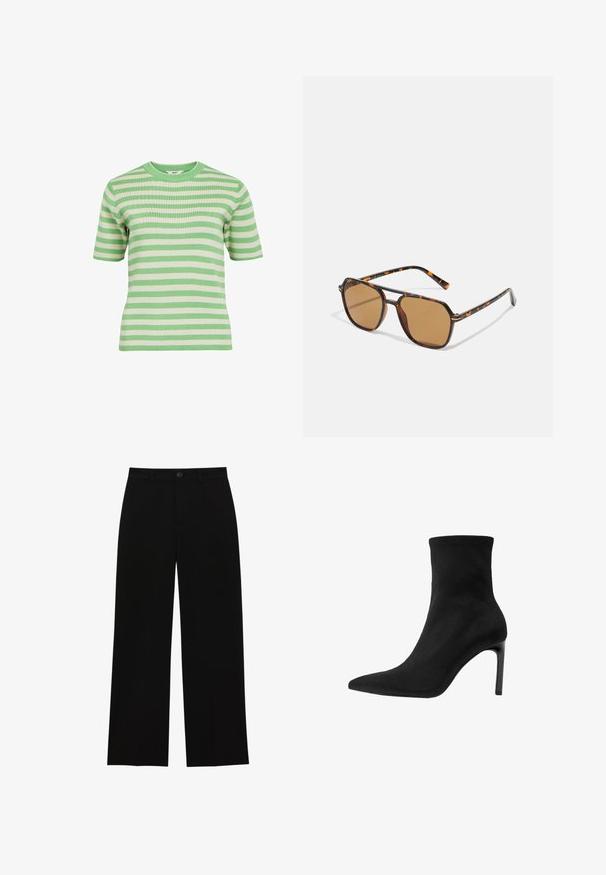 Czarna marynarka o dopasowanym kroju, z klapami, dwiema przednimi kieszeniami i otwartym przodem. Wykonana z gładkiego materiału o wyraźnie zarysowanym kształcie.; Object OBJESTER zielony; Czarne, wysokie na talii spodnie o szerokich nogawkach, wykonane z gładkiego materiału, z płaskim przodem, zapięciem na guzik i bez widocznych kieszeni.; Czarne botki sięgające kostki, wykonane z gładkiego zamszu, z ostro zakończonym noskiem i wysokim obcasem typu stiletto. Elegancki, minimalistyczny design bez zdobień.; Brązowe okulary przeciwsłoneczne z oprawką w deseń żółwia, prostokątne soczewki i smukłe zauszniki z pomarańczowym wzorem. ; Brązowa torebka z zamszu z złotym kwadratowym zapięciem, górnym uchwytem i łańcuszkowym paskiem. Charakteryzuje się prostokątnym kształtem i zaokrąglonymi krawędziami.