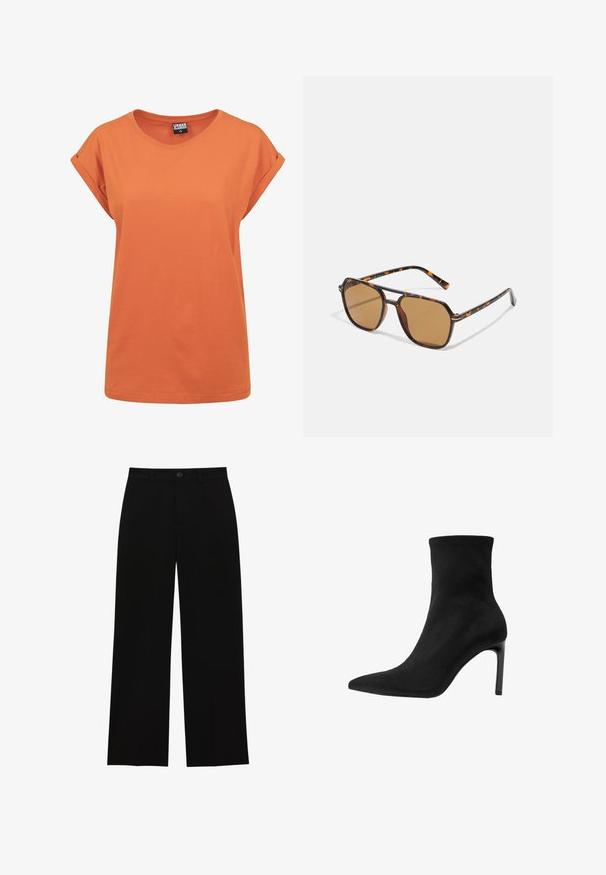 Sort blazer med skræddersyet design, med gennembrydne klapper, to forlommer og åben front. Lavet af glat stof med en struktureret form.; Orange bomulds T-shirt med afslappet pasform, rund halsudskæring og foldede korte ærmer. Simpelt design uden synlige mønstre eller accenter.; Sorte, højtsiddende, brede bukser lavet af et glat stof, med flad front, knaplukning og uden synlige lommer.; Sorte ankelstøvler lavet af glat suede, med spids tå og høj stilettohæl. Slank, minimalistisk design uden udsmykninger.; Brune-tonede solbriller med en skildpaddefarvet ramme, rektangulære linser og slanke arme med et orange accent mønster.; Brun ruskind handbag med en gylden firkantet spænde, top-håndtag og kæderem. Har en rektangulær form og afrundede kanter.