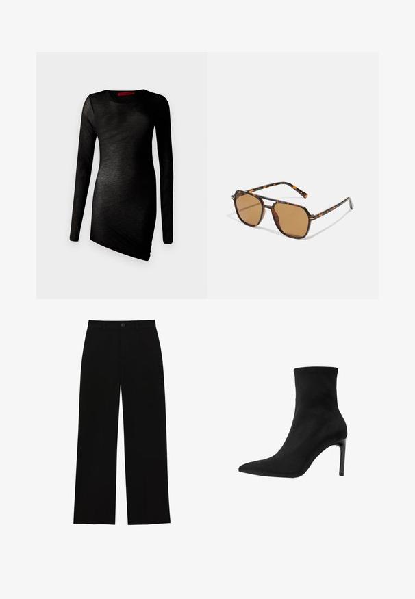 Blazer nero con un design su misura, colletto a revers, due tasche frontali e apertura frontale. Realizzato in tessuto liscio con una forma strutturata.; Abito nero a maniche lunghe con scollatura rotonda, realizzato in tessuto leggero con una texture liscia e un orlo asimmetrico. Etichetta rossa del marchio visibile.; Pantaloni neri a vita alta, a gamba larga, realizzati in un tessuto morbido, con davanti piatto, chiusura con bottone e senza tasche visibili.; Stivale alla caviglia nero in suede liscio, con punta appuntita e alto tacco a stiletto. Design elegante e minimalista senza decorazioni.; Occhiali da sole marroni con montatura in tartaruga, lenti rettangolari e aste sottili con motivo arancione.; Borsa in suede marrone con una chiusura quadrata dorata, manico superiore e tracolla a catena. Presenta una forma rettangolare e angoli arrotondati.