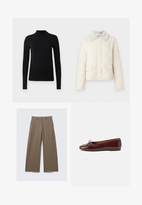 Kreminės spalvos siuvinėtas švarkas su dirbtiniu kailio apykakle, spaudimo mygtukais ir dviem priekinėmis kišenėmis. Minkšta tekstūra ir trumpas dizainas.; Šviesiai mėlynas megztinis, pagamintas iš minkštos, raukšlėtos medžiagos, su apvalia iškirpte, ilgomis rankovėmis ir šešiais juodais mygtukais priekyje.; Juodas ilgomis rankovėmis megztukas su aukštu kaklu, pagamintas iš lygios medžiagos; prigludęs dizainas be matomų siūlių. Paprasta, vienspalvė.; Rudos juostelės platiems kelnėms su lygia medžiaga ir klasikiniu dizainu, su liemeniu ir priekinėmis raukšlėmis, užtikrinančiomis pritaikytą fitą.; Bordo lakiotos odos baleto bateliai su apvalia nosimi, maža kaspinėlio akcentu priekyje ir žema juoda guma padanga. Lygi tekstūra.