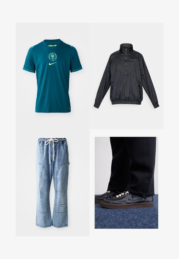 Černý větruodolný svetr na zip s vysokým límcem, elastickými manžetami a lemem, logo Spurs a Nike swoosh na hrudi, přední kapsy.; Tyrkysový sportovní dres s krátkým rukávem, který má kulatý výstřih, strukturovanou látku a kulatý emblém Nigerijské fotbalové federace.; Světlomodré džínové jogger kalhoty s elastickým pasem, bílou šňůrkou a dvěma předními kapsami. Načrtnuto s černo-bílým logem Nike.; Nike Sportswear KILLSHOT 2 LTR PRM OPP2 - Tenisky - black sail baroque brown mtlc dk grey