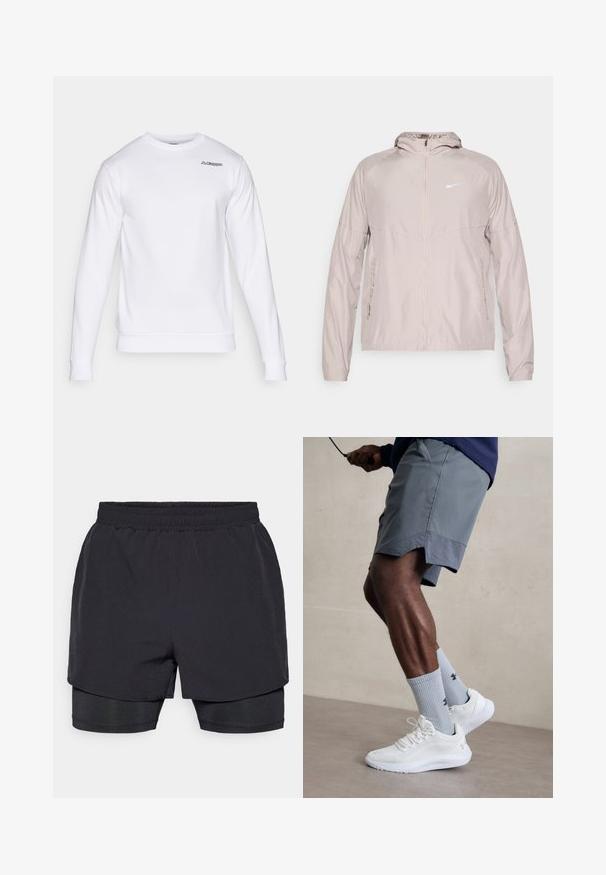 Svetlo béžová Nike bunda z ľahkého materiálu, obsahujúca predný zips, kapucňu a bočné vrecká. Reflexné logo na hrudi.; Biely sveter s dlhými rukávmi, okrúhlym výstrihom, ribovanými manžetami a spodným lemom, s malým čiernym logom na hrudi. Hladký bavlnený materiál.; Čierne športové šortky s elastickým pásom, vrstveným dizajnom a priliehavou vnútornou podšívkou. Hladká textúra, navrhnuté pre pohodlie.; Biele atletické topánky s textúrovaným sieťovinovým zvrškom, v kombinácii so svetlomodrými rebrovanými ponožkami s logom. Šedé atletické šortky s perforovaným lemem.