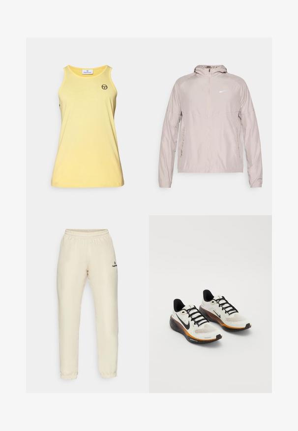 Light beige Nike jacket in lightweight material, featuring a front zipper, hood, and side pockets. Reflective logo on the chest.; Yellow tank top made of soft fabric, featuring a round neck and armholes. Displays a small logo in black on the left chest area.; Beige elastic-waist track pants with a smooth texture. Features gathered cuffs and a small black logo on the left side.; Nike running shoes featuring a white mesh upper, black laces, orange and black sole with speckled detailing, and breathable design.