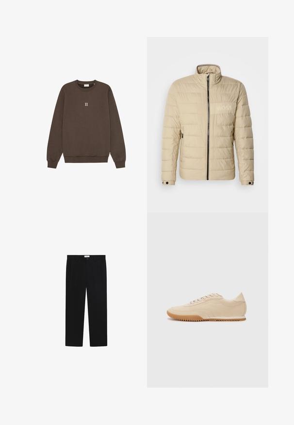 Beige polstret jakke med høy krage, horisontal søm, to sidelommer og en svart glidelås, med en subtil "BOSS" logo på brystet.; Brun genser laget av bomull, med rund hals, ribbestrikkede mansjetter og en liten "II" logo sentrert på brystet. Myk tekstur.; Sorte bukser med straight-leg design, frontlommer og knappestengning. Laget av et glatt stoff med en elegant finish.; Beige ruskinn sneakers med et strømlinjeformet design, med en teksturert overdel, rund tå, og en gummisåle med et sikksakk-mønster.