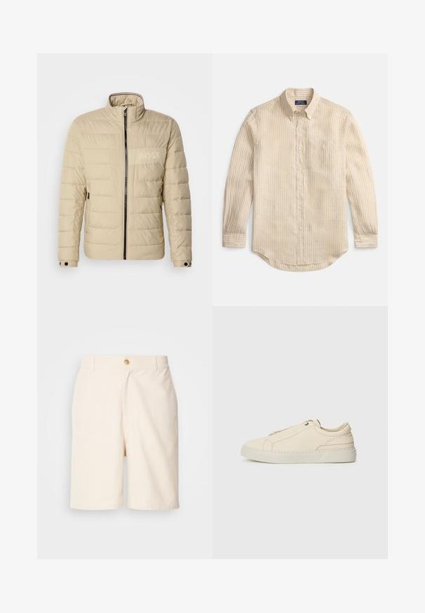 Beige gewatteerde jas met een hoge kraag, horizontale stiksels, twee zijzakken en een zwarte rits, met een subtiele "BOSS" logo op de borst.; Beige overhemd met lange mouwen en witte verticale strepen, knoopsluiting, knoopkraag, borstzak en "Polo Ralph Lauren" label aan de binnenkant van de kraag.; Les Deux JOHNNY CASUAL - Shorts - ivory; Beige leren sneaker met een ronde neus, minimalistisch ontwerp, subtiele stikdetails en een gestructureerde bovenkant, op een lichte zool.