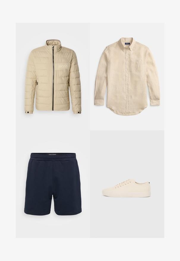 Casaco acolchoado bege com gola alta, costura horizontal, dois bolsos laterais e um fecho preto, apresentando um discreto logótipo "BOSS" no peito.; Camisa bege de manga comprida com botões, riscas verticais brancas, gola com botões, bolso no peito e etiqueta "Polo Ralph Lauren" no interior da gola.; Calções de algodão azul-marinho com uma cintura elástica, apresentando uma textura suave e bainhas costuradas. Pequeno logótipo da marca na lateral.; Sapatilhas de lona bege com biqueira redonda, sola de borracha plana e atacadores à frente. Apresentam um design minimalista e um detalhe preto contrastante no calcanhar.