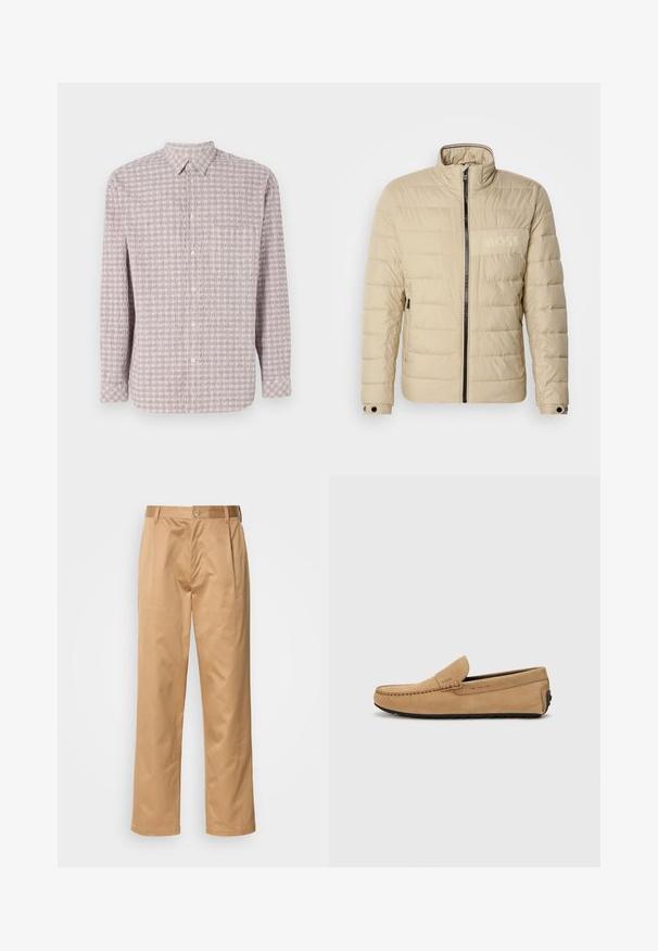 Beige padded jacket with a high collar, horizontal stitching, two side pockets, and a black zipper, featuring a subtle "BOSS" logo on the chest.; Long-sleeve, button-up shirt in light pink with a textured square pattern. Cotton fabric, classic collar, and button closure.; Khaki trousers, cotton blend, straight-leg design, front pleats, belt loops, and button closure. Smooth texture with no patterns.; Beige suede moccasin shoe with a stitched toe, slip-on design, and black rubber sole. Features subtle branding on the side.