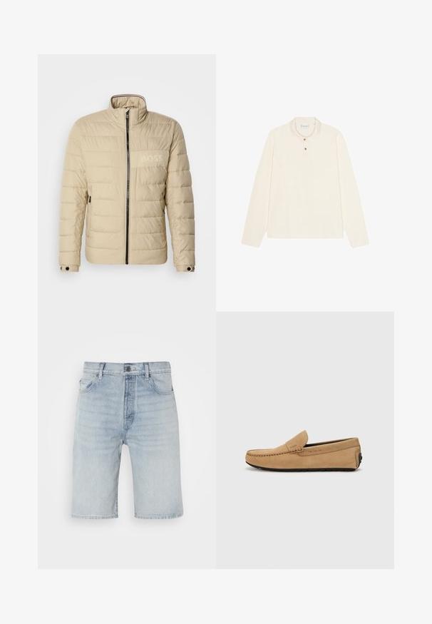 Beige gewatteerde jas met een hoge kraag, horizontale stiksels, twee zijzakken en een zwarte rits, met een subtiele "BOSS" logo op de borst.; Lange mouw polo shirt in crème, met een platte kraag, drie-knops sluiting met gouden knopen, en een zachte, textuurstof.; Lichtblauwe denimshorts met een rechte snit. Heeft een knoopsluiting, vijf zakken en subtiele vervaging op de stof.; Beige suède moccasin met een gestikte neus, instapontwerp en zwarte rubberen zool. Heeft subtiele branding aan de zijkant.