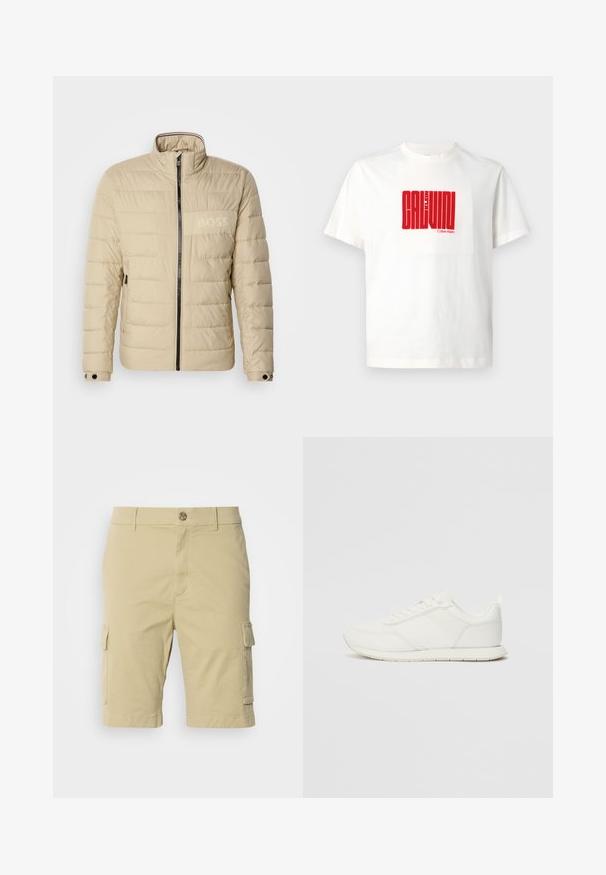 Beige padded jacket with a high collar, horizontal stitching, two side pockets, and a black zipper, featuring a subtle "BOSS" logo on the chest.; White cotton t-shirt featuring a large red graphic print of "CALVIN KLEIN" on the front, with a crew neckline and short sleeves.; Khaki cargo shorts made of cotton with a smooth texture, featuring side pockets and a button closure at the waist.; White sneaker with a mesh and synthetic upper, round toe, flat laces, and a textured side stripe. Rubber sole with a pull tab at the back.