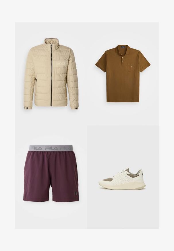Beige polstret jakke med høy krage, horisontal søm, to sidelommer og en svart glidelås, med en subtil "BOSS" logo på brystet.; Brun polo skjorte laget av bomull med krage, to-knappsklaff, og en lomme på venstre bryst med en brodert logo. Korte ermer.; Bordeaux idrettsshorts laget av lett stoff, med en grå elastisk midje med "FILA"-logo og sidelommer.; Hvit og lysebeige treningssko, med en mesh-overdel, perforerte detaljer og en teksturert mellomsåle med merkevare på hælen.