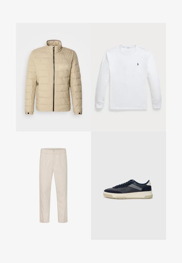 Beige padded jacket with a high collar, horizontal stitching, two side pockets, and a black zipper, featuring a subtle "BOSS" logo on the chest.; Long-sleeve white T-shirt made of cotton, featuring a crew neckline and a small navy logo on the left chest. Smooth texture, simple design.; Beige trousers made from a textured fabric with a straight cut, featuring a front button closure and side pockets.; BOSS BALTIMORE - Trainers - open blue