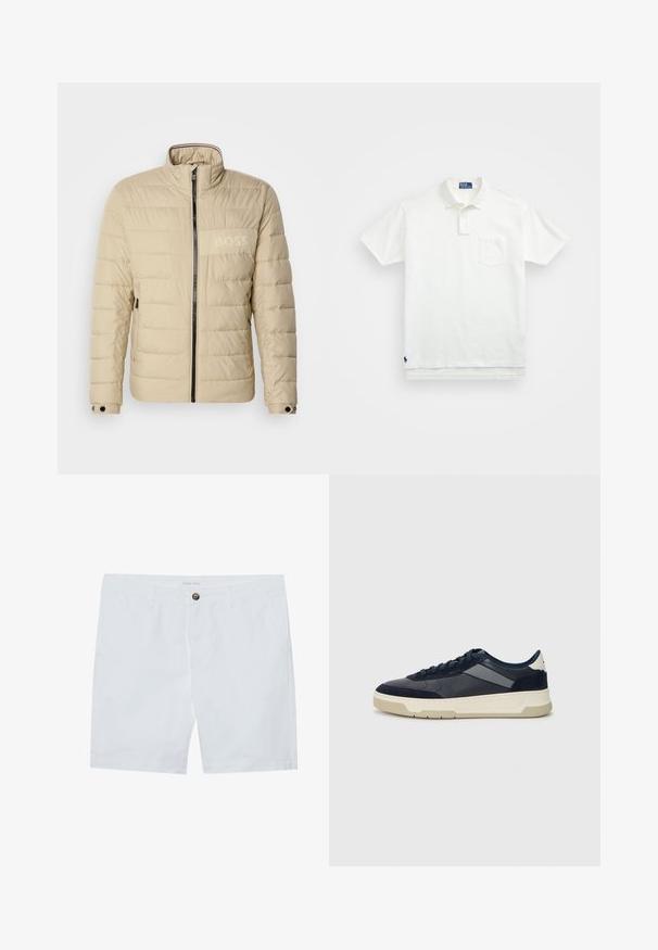 Giacca imbottita beige con colletto alto, cuciture orizzontali, due tasche laterali e una cerniera nera, con un discreto logo "BOSS" sul petto.; Polo bianco in cotone, con colletto classico, placca con tre bottoni e taschino sul lato sinistro del petto; piccolo logo sull'orlo.; Shorts bianchi in cotone con chiusura anteriore a bottone, due tasche laterali e taglio dritto. Etichetta del marchio "Pier One" in vita.; BOSS BALTIMORE - Sneakers basse - open blue