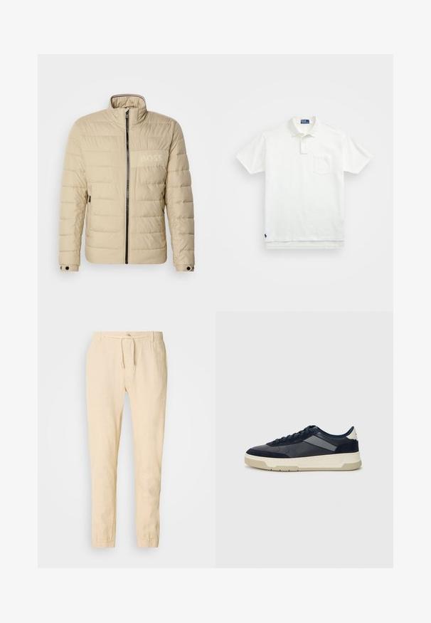 Bež vooderdatud jakk kõrge kraega, horisontaalsete õmblustega, kahe külgtasku ja musta tõmblukuga, millel on rinna peal diskreetne "BOSS" logo.; Valge polo särk, mis on valmistatud puuvillast, klassikalise kraega, kolme nööbiga kinnitusega ja vasakul rinnal taskuga; väike logo helmel.; Heledbeez linased püksid, millel on nööriga vöökoht, kitsenevad sääred ja elastsed mansetid. Lihtne disain koos peene tekstuuriga.; BOSS BALTIMORE - Tossud - open blue