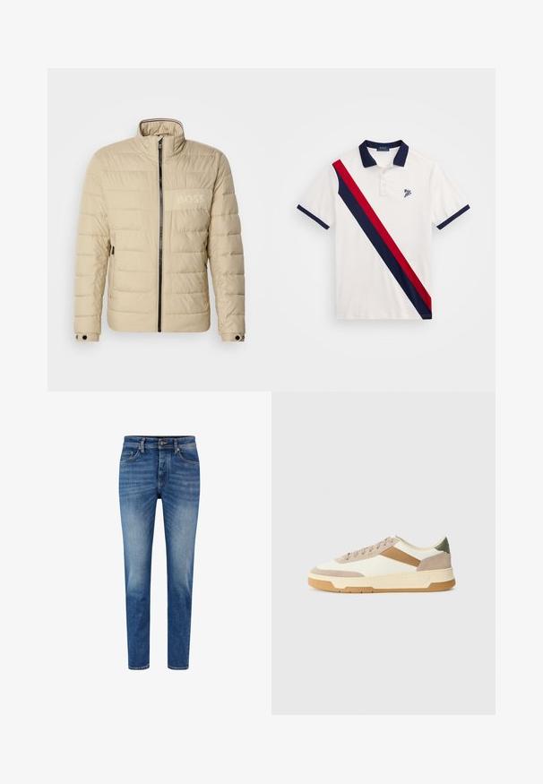 Bež jakna sa punjenjem, visokim ovratnikom, horizontalnim šavovima, dva bočna džepa i crnim patentnim zatvaračem, sa suptilnim "BOSS" logotipom na prsima.; Bijela polo majica s tamnoplavim ovratnikom i manžetama. Sadrži dijagonalnu crvenu i tamnoplavu prugu. Izvezeni logo na prsima.; Svijetloplave traperice uskog kroja, s klasičnim dizajnom od pet džepova, zatvaranjem na dugme i suptilnim izblijeđenjem duž nogavica.; Tenisice u bež, krem i maslinasto zelenoj boji, izrađene od antilopa i kože, s okruglim vrhom, minimalističkim dizajnom i gumenim đonom.