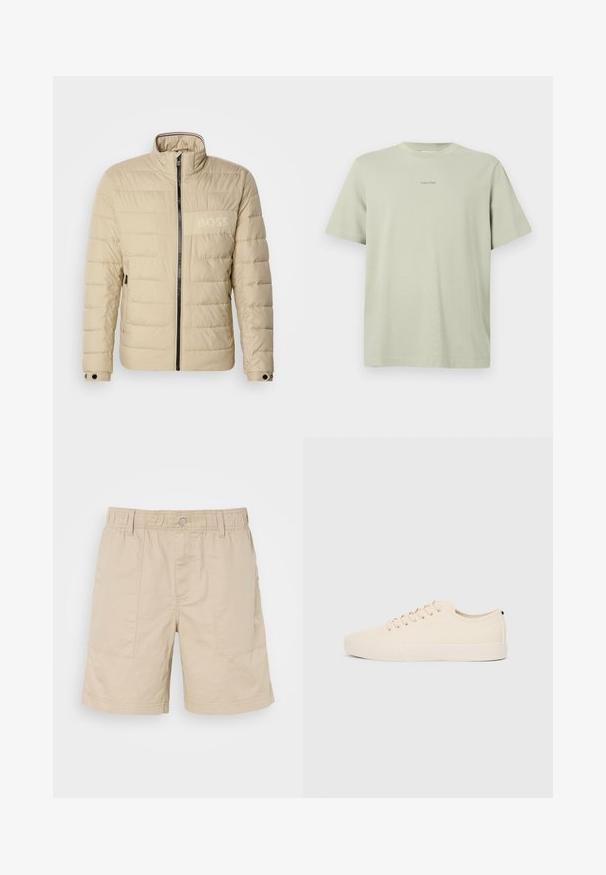 Beige polstret jakke med høy krage, horisontal søm, to sidelommer og en svart glidelås, med en subtil "BOSS" logo på brystet.; Lysegrønn bomull t-skjorte med rund hals, korte ermer, og en liten Calvin Klein-logg i en mørkere nyanse trykket på brystet.; Beige bomullshorts med elastisk midje, framknapp och två sidofickor. Har subtila sömmar och en liten logotyp på sidan.; Beige lerretsko med rund tå, flat gummisåle og snøring foran. Har et minimalistisk design og en kontrasterende svart detalj ved hælen.