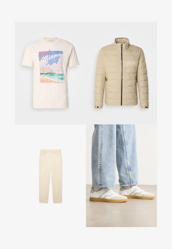 Beige polstret jakke med høy krage, horisontal søm, to sidelommer og en svart glidelås, med en subtil "BOSS" logo på brystet.; Kremfarget bomull T-skjorte med grafisk trykk av Miami-skyline, bølger og skyer i pastellfarger, med teksten "GANT Miami" og "Greetings From Florida".; Hvite-beige denimjeans med rette ben, som har fem lommer, knapp- og glidelåsÅpning, samt subtile sømdetaljer.; Hvite sneakers med beige semsket skinn-detaljer og lette gummisåler; har et lavt design og teksturdetaljer på overdelen.