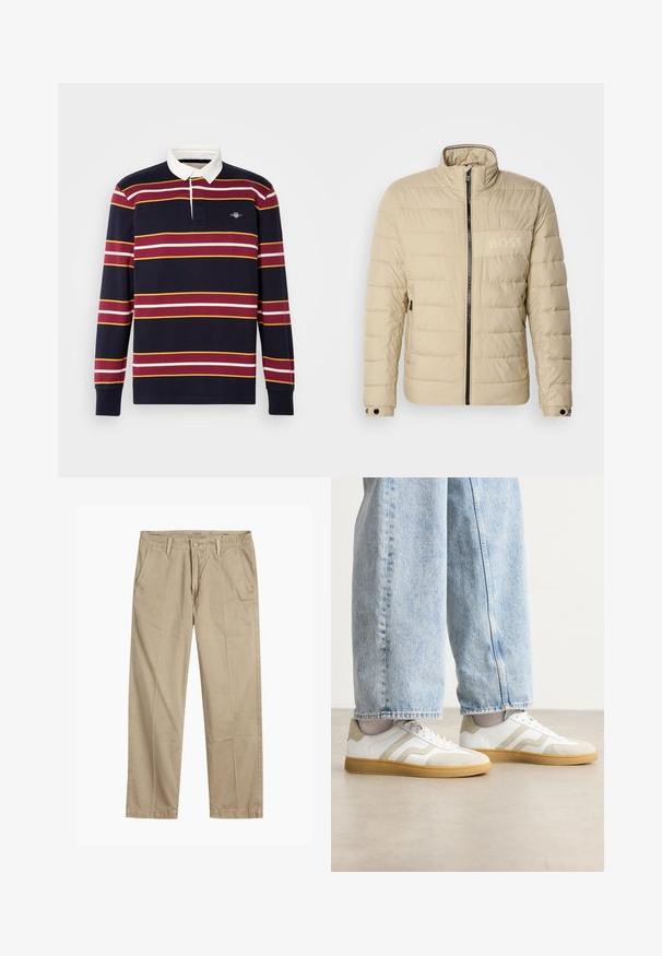 Beige gepolsterte Jacke mit hohem Kragen, horizontalen Nähten, zwei seitlichen Taschen und einem schwarzen Reißverschluss, der ein dezentes "BOSS"-Logo auf der Brust trägt.; Langärmliges Poloshirt in Marineblau mit horizontalen Streifen in Rot, Weiß und Gelb. Verfügt über einen weißen Kragen und ein kleines gesticktes Logo auf der Brust.; Beige gerade geschnittene Chinos mit Gürtelschlaufen, vorderem Knopf- und Reißverschlussverschluss sowie schrägen Fronttaschen.; Weiße Sneakers mit beigen Wildleder-Akzenten und hellen Gummisohlen; verfügen über ein Low-Top-Design und eine strukturierte Oberflächenverarbeitung.