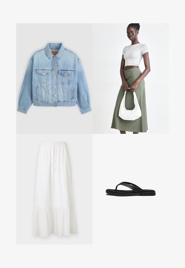 Jasnoniebieska kurtka dżinsowa z klasycznym kołnierzem, zapięciem na guziki, dwiema kieszeniami na piersiach, luźnym krojem i widocznymi detalami szwów.; Biały bawełniany top na ramiączkach z okrągłym dekoltem, bez rękawów, o dopasowanym kroju. Gładka tekstura, prosty fason i minimalne detale szwowe.; Biała, spódnica do kolan wykonana z lekkiego materiału, z elastycznym pasem i sznurkiem do regulacji. Posiada falbaniasty dół oraz subtelną teksturę.; Czarne klapki z miękką gumową podeszwą i eleganckimi syntetycznymi paskami. Projekt cechuje minimalna ilość elementów metalowych oraz niskoprofilowa konstrukcja.; Szary prążkowany crop top i oliwkowa spódnica o wysokim stanie. Modelka trzyma białą torebkę na ramię z wycięciami. Prosty design, dopasowany krój.