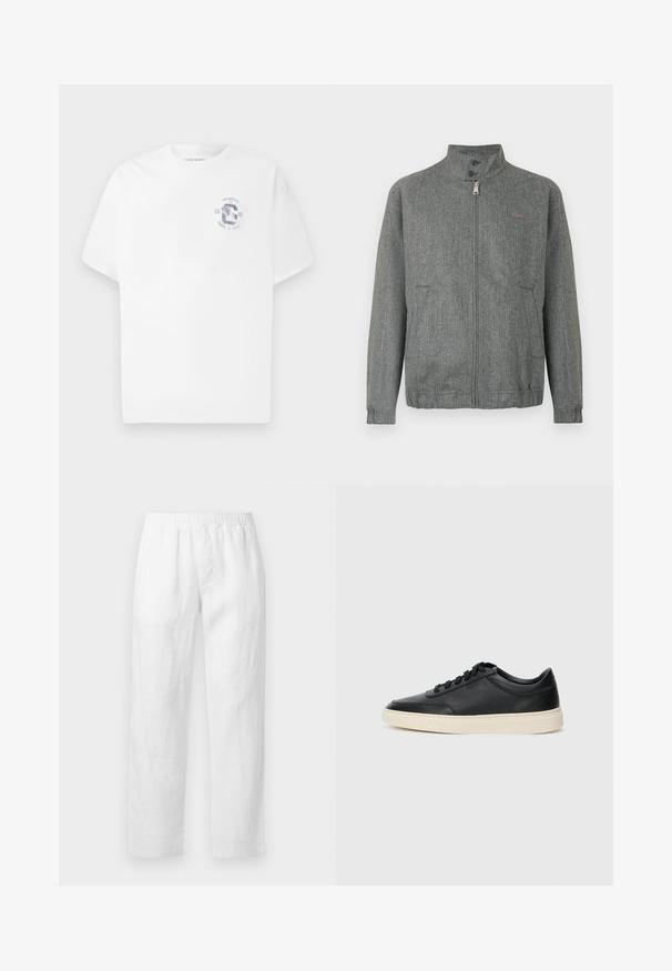 Grey herringbone jacket with a stand collar, front zipper, and two side pockets. Features subtle logo on the chest. Textured fabric finish.; White short-sleeve crew neck t-shirt with small blue graphic on left chest reading "Los Angeles CA 1981 Track & Field"; White linen pants featuring an elastic waistband, straight-leg fit, and soft texture with no visible patterns or hardware details.; Black low-top leather sneaker with black laces and off-white sole shown in side profile on white background.