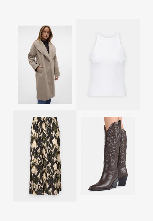 Beige wolblend jas met een brede kraag, lange mouwen, zijzakken en een losse pasvorm, gedragen over een donkere top en blauwe jeans.; Witte mouwloze tanktop van ribstof, met een ronde halslijn en een aansluitende pasvorm, met minimale naden en zonder versieringen.; Middellange rok met een zwart, crème en groene abstracte print. Beschikt over een geplooide tailleband en een knopenfrontsluiting. Soepele textuur.; Bruine leren cowboylaarzen met een spitse neus en blokhak, voorzien van gedetailleerde stiksels en verhoogde accenten op de schacht.