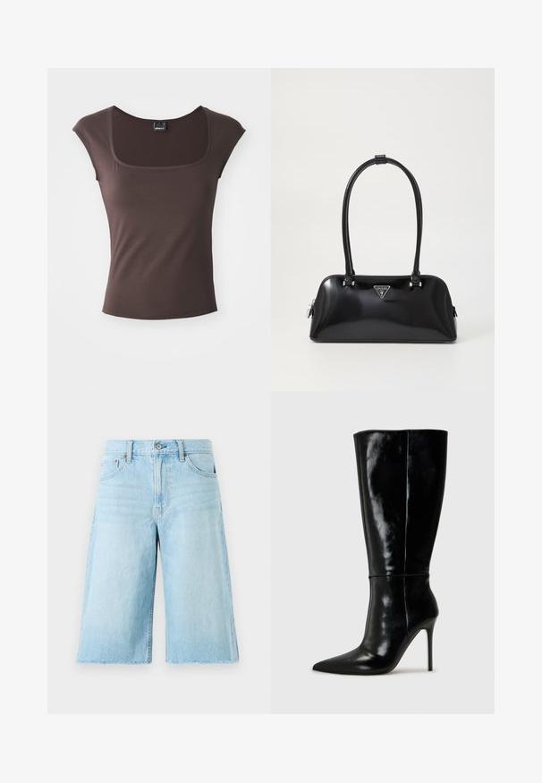 Pikk villane mantel summutatud beežis toonis, sälguga krae, kahe ridadega nööpkinnis, vöökohaga vöö ja küljetaskutega. Tekstureeritud kangas.; Pruun lühikeste varrukatega topp ruudu kujuga kaelusega, valmistatud siledast kangast. Omab kinnitatud lõiget ja puhtaid, servadega lõpetatud ääriseid.; Heledad sinine teksapüksid, laia lõikega, kulunud äärega, viie taskuga ja metallist detailidega. Klassikaline teksad jaotamine kerge tuhmumisega.; Mustad nahast kuni põlveni ulatuvad saapad terava ninaga ja kõrge stiletto kontsaga. Sile tekstuur ja stiilne disain, millel on minimaalne kaunistus.; Must ja läikiv käekott, millel on kaarekujuline siluett, kaks käepidet ja esiküljel logo plaat. Lukuga sulgemine ja läikivad metalldetailid.; Hõbedased rõngas kõrvarõngad, millel on sile ja poleeritud viimistlus. Ümmargune kuju, millel on veidi kumer disain ja sulandatud servad. Klambri sulgemine.