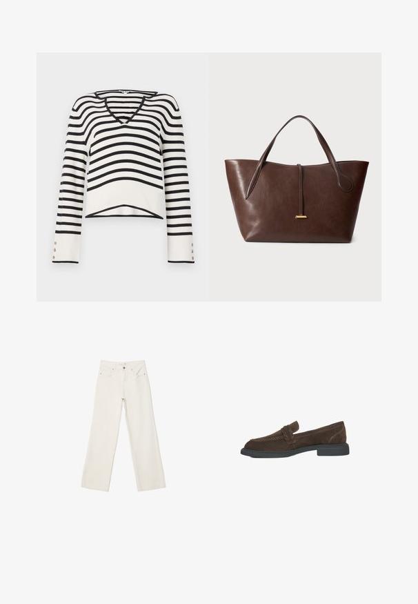 Brązowy płaszcz z mieszanki wełny, charakteryzujący się podwójnym zapięciem, dużymi klapami i sześcioma okrągłymi guzikami. Długie rękawy z prostymi mankietami.; Czarny i biały sweter w paski, V-neck, długie rękawy z guziczkami, dzianinowa tekstura, skrócony krój.; Białe dżinsy w szerokim kroju wykonane z denimu, z wysokim stanem, przednimi kieszeniami i zapięciem na guzik. Czysty design z minimalnymi akcentami.; Brązowe zamszowe mokasyny z niskim obcasem, z plecionym detalem z przodu i kontrastowym przeszyciem wzdłuż boków.; Brązowa torba na ramię ze skóry z dwoma uchwytami, o ustrukturyzowanym kształcie i prostym złotym akcentem. Gładka faktura z subtelnym wzorem ziarna.