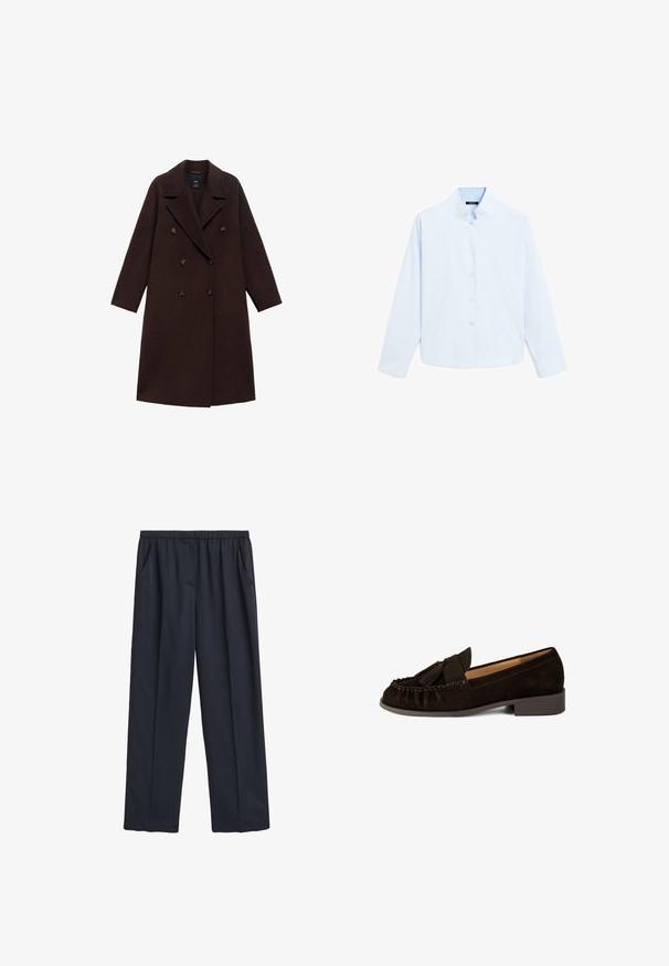 Manteau en mélange de laine marron avec un design croisé, grands revers et six boutons ronds. Manches longues avec des ourlets droits.; Chemise bleu clair à manches longues avec un col mandarin, un devant à boutons et une texture en coton lisse. Design simple, sans motifs ni accents.; Pantalons larges navy avec une taille élastique, deux poches latérales, texture de tissu douce et design fluide.; Mocassins en daim marron avec un bout arrondi, des détails plissés et un petit accent de glands. Dotés d'un talon bas légèrement empilé.