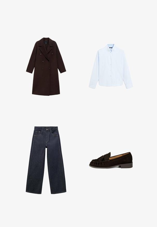 Brun uldblandingsfrakke med dobbeltradet design, store reverser og seks runde knapper. Lange ærmer med lige kanter.; Lyseblå skjorte med lange ærmer og mandarin-krave, knaplukning foran og glat bomuldsstruktur. Simpelt design, uden mønstre eller detaljer.; Mørkeblå vidde jeans lavet af denimstof. Har lynlås og knaplukning samt kontrastsyninger langs sømmene.; Brune ruskinds mokkasiner med rund tå, plisseret detaljer og en lille kvast-accent. Har en lav, let hævet hæl.