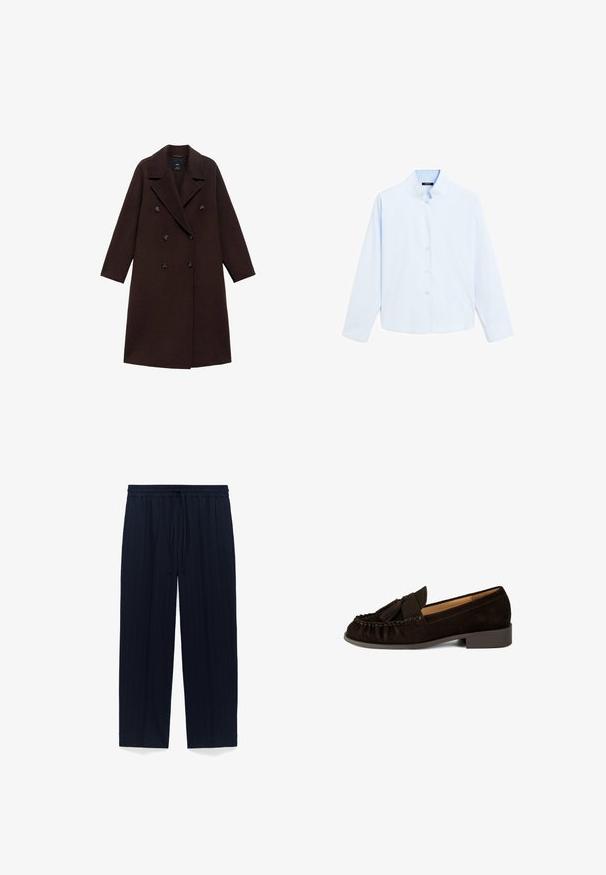 Bruine wolmix jas met een dubbelknops ontwerp, grote revers en zes ronde knopen. Lange mouwen met rechte zoom.; Lichtblauw overhemd met lange mouwen en een mandarinakraag, met een knoopsluiting aan de voorkant en een gladde katoenstructuur. Eenvoudig ontwerp, zonder patronen of accenten.; Marineblauwe broek met krijtstrepen, elastische tailleband en trekkoord, rechte pijpen en textuurstof.; Brown suede instappers met een ronde neus, geplooide details en een kleine kwastaccent. Heeft een lage, iets verhoogde hak.