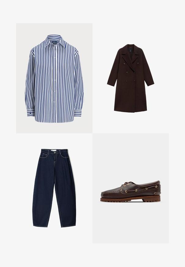 Bruine wolmix jas met een dubbelknops ontwerp, grote revers en zes ronde knopen. Lange mouwen met rechte zoom.; Gestreept shirt met verticale marineblauwe en witte lijnen, een knoopsluiting aan de voorkant en een klassieke kraag. Lange mouwen met knoopmanchetten.; Donkerblauwe denim broek met een losse fit, voorzien van vijf zakken, contrasterende stiksels en een ritsluiting aan de voorkant.; Bruine leren bootsschoen met gouden oogjes, ronde veters en een gestructureerde bruine rubberen zool. Kenmerkt zich door gestikte details en een verhoogd logo.