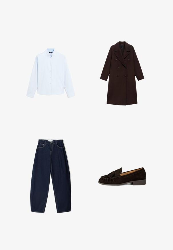Cappotto in misto lana marrone con design doppiopetto, ampie rever e sei bottoni tondi. Maniche lunghe con orli dritti.; Camicia a maniche lunghe azzurro chiaro con colletto alla coreana, chiusura a bottoni e texture di cotone morbido. Design semplice, senza pattern né accenti.; Pantaloni in denim blu scuro con vestibilità ampia, dotati di cinque tasche, cuciture a contrasto e chiusura con zip davanti.; Mocassini in suede marrone con punta arrotondata, dettagli plissettati e un piccolo accento a nappina. Presentano un tacco basso, leggermente rialzato.