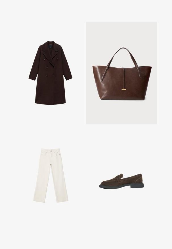 Hnědý kabát z vlněné směsi s dvouřadým zapínáním, velkými klopami a šesti kulatými knoflíky. Dlouhé rukávy se rovnými lemy.; Pánská polokošile s dlouhým rukávem, která se vyznačuje střídajícími se tmavě hnědými a bílými vodorovnými pruhy, límcem a zapínáním na knoflíky. Vyrobena z měkké tkaniny.; Bílé široké džíny vyrobené z denimové látky, s vysokým pasem, předními kapsami a knoflíkovým zapínáním. Čistý design s minimálními akcenty.; Hnědé semišové mokasíny s nízkým blokovým podpatkem, které mají na přední straně pletené detaily a kontrastní stehy po stranách.; Hnědá kožená taška přes rameno s dvěma uchy, strukturovaným tvarem a jednoduchým zlatým akcentem. Hladký povrch s jemným zrnitým vzorem.