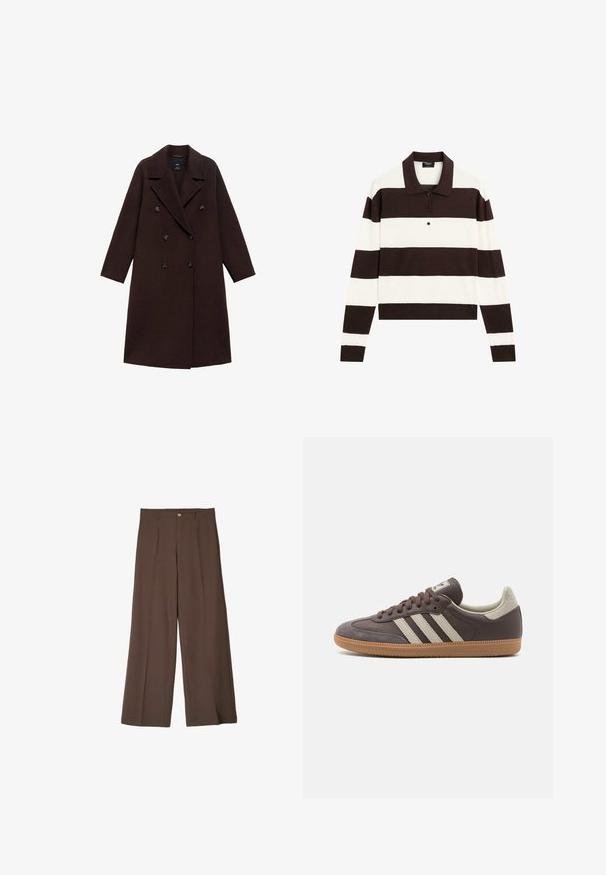Cappotto in misto lana marrone con design doppiopetto, ampie rever e sei bottoni tondi. Maniche lunghe con orli dritti.; Polo a maniche lunghe con righe orizzontali alternanti marrone scuro e bianche, colletto e pattina con bottoni. Realizzato in tessuto morbido.; Pantaloni a gamba larga marroni realizzati in un tessuto morbido, con pieghe frontali, chiusura con bottone e orli dritti per una vestibilità su misura.; Sneaker in pelle marrone con tre strisce chiare, suola in gomma, punta arrotondata e dettagli in suede texture sul tallone e sulla punta.