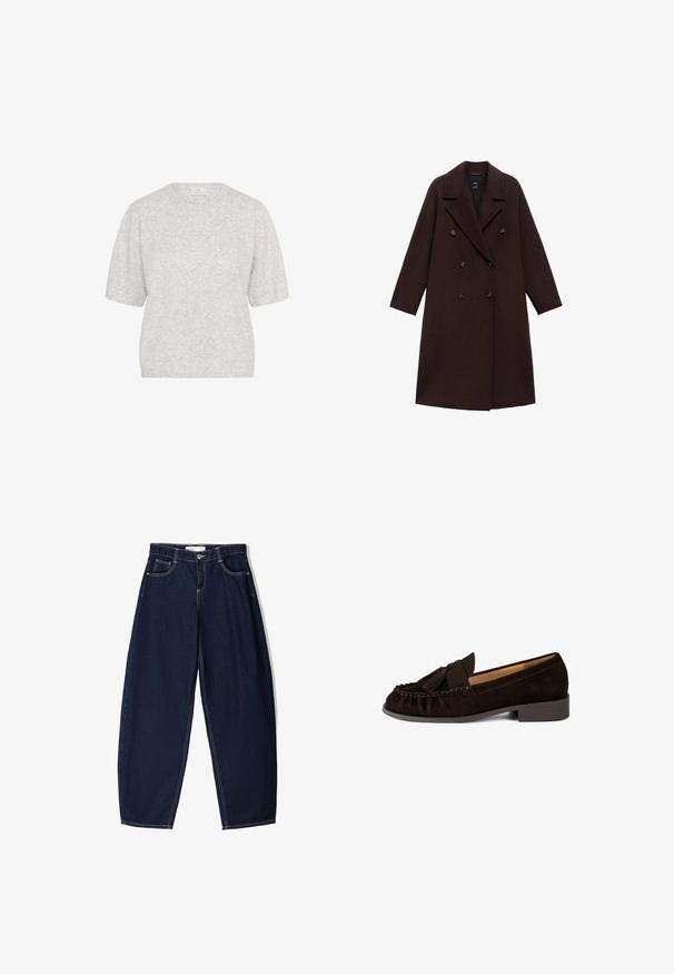 Hnědý kabát z vlněné směsi s dvouřadým zapínáním, velkými klopami a šesti kulatými knoflíky. Dlouhé rukávy se rovnými lemy.; Světle šedý krátký svetr s krátkým rukávem, kulatým výstřihem, jemnou strukturou, mírně volným střihem, s minimálním melírováním a detaily na lemování.; Tmavě modré denimové kalhoty s širokými nohavicemi mají vysoký pas, přední kapsy a kontrastní šití. Látka má hladkou strukturu a pevný tvar.; Hnědé nubukové mokasíny s kulatou špičkou, sklady a malým třásním jako ozdobou. Mají nízký, mírně zvýšený podpatek.