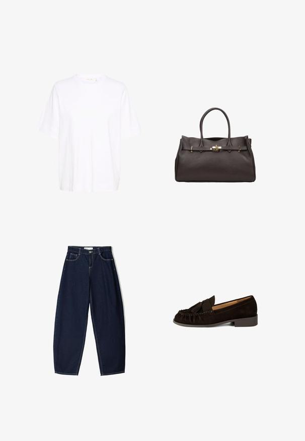 Hnědý kabát z vlněné směsi s dvouřadým zapínáním, velkými klopami a šesti kulatými knoflíky. Dlouhé rukávy se rovnými lemy.; Bílý tričko vyrobené z měkké bavlny, s kulatým výstřihem, volnými krátkými rukávy a rovním lemem bez viditelných vzorů nebo akcentů.; Tmavě modré denimové kalhoty s širokými nohavicemi mají vysoký pas, přední kapsy a kontrastní šití. Látka má hladkou strukturu a pevný tvar.; Hnědé nubukové mokasíny s kulatou špičkou, sklady a malým třásním jako ozdobou. Mají nízký, mírně zvýšený podpatek.; ESTRO DUŻA Z WŁOSKIEJ - Kabelka - dark brown