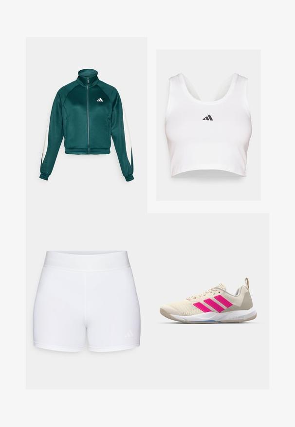 Teal cropped jakke med høy krage, glidelås foran, hvite sidestykker og ribbestrikkede mansjetter. Har Adidas-logo på brystet. Glatt tekstur.; Hvitt crop top laget av mykt stoff, med rund hals og en svart Adidas-logo på forsiden. Glatt tekstur, ermeløs design.; Hvite atletiske shorts med en jevn tekstur, elastisk midjebånd med preget logo, og et minimalistisk design.; Beige atletik sko med rosa tre-stripes logo, teksturert mesh-overdel, polstret krage og hvit gummisåle, med "LIGHTSTRIKE" merke.