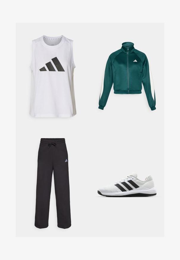 Teal lõhikjakk kõrge kraega, tõmblukuga, valgete külgpaneelidega ja soonikkoes mansettidega. Rindkere peal on Adidas logo. Sile tekstuur.; Valge ilma varrukateta sporditop, ümarate kaelustega, mille ees on suur must Adidas'i logo, mis koosneb kolmest triibust.; Mustad mustad spordipüksid elastse vöökoht ja nööriga, valmistatud pehmest kangast. Vasakul küljel on väike valge Adidas'i logo.; Valged spordijalatsid, mis on valmistatud hingavast võrgust, mustade kolme riba aktsentidega, tekstureeritud kanna ja kummist tallaga, mis tagab haarde.