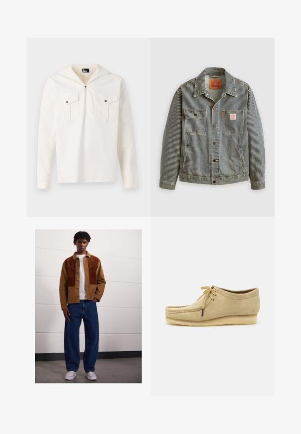Gestreifte Jeansjacke mit vorderem Knopfverschluss, zwei Brusttaschen und einem Levi's Etikett. Sie verfügt über einen klassischen Kragen und geknöpfte Ärmel.; Langärmliges cremefarbenes Hemd mit Kapuze, vorne mit Knopfverschluss, zwei Brusttaschen mit Klappen und einer glatten Stofftextur.; Mann steht drinnen und trägt eine braune Cordjacke mit Rostflecken, ein weißes T-Shirt, lockere blaue Jeans und weiße Sneakers.; Beige Wildlederschuh mit Schnürdesign, gestickten Details und Gummisohle. Die Form ist lässig mit einem leichten Keilabsatz.