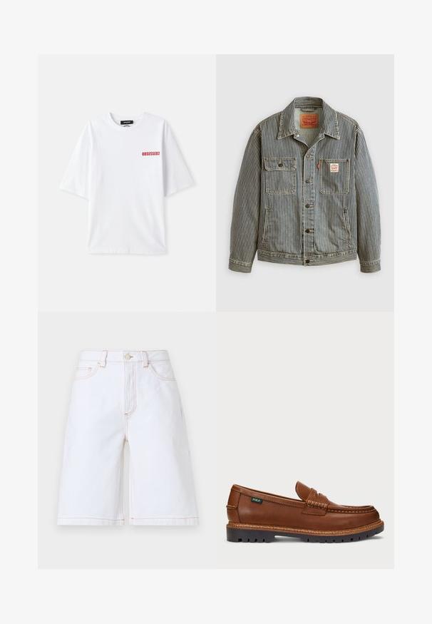 Jachetă de denim cu dungi, cu închidere prin buton în față, două buzunare pe piept și etichetă Levi's. Dispune de un guler clasic și mâneci cu manșete.; Tricou alb din bumbac cu mâneci scurte, având textul roșu "OBSESSED2" pe partea din față, în colțul stâng. Design clasic cu guler rotund.; Pantaloni scurți din denim alb, cu croială dreaptă, cinci buzunare și cusături contrastante bej. Include un nasture frontal și închidere cu fermoar.; Mocasini din piele maro, cu cusături decorative și vârful texturat. Talpa prezintă un design robust, oferind aderență și durabilitate.