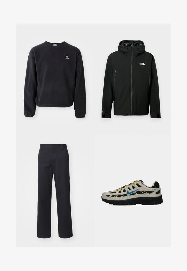 Melna kapuce jaka ar rāvējslēdzēju priekšpusē, divām sānu kabatām ar rāvējslēdzējiem, regulējamiem aproces galiem un logotipu uz krūšu. Gluda tekstūra un ūdensizturīgs materiāls.; Melna sporta krekla ar garām piedurknēm, apaļu kakla izgriezumu un elastīgām aprocēm. Uz kreisā krūtis atrodas neliels balts trīsstūra logotips. Mīksta tekstūra.; Melnas taisnas kājas bikses, izgatavotas no kokvilnas auduma maisījuma. Tām ir plakans priekšējais jostasvieta ar jostu cilpiņām un bez redzamām detaļām vai rotājumiem.; Beige un melnā Nike P-6000 kedas ar zilu swoosh, dzeltenām auklām, melnu zoli un Cordura auduma etiķeti uz papēža.